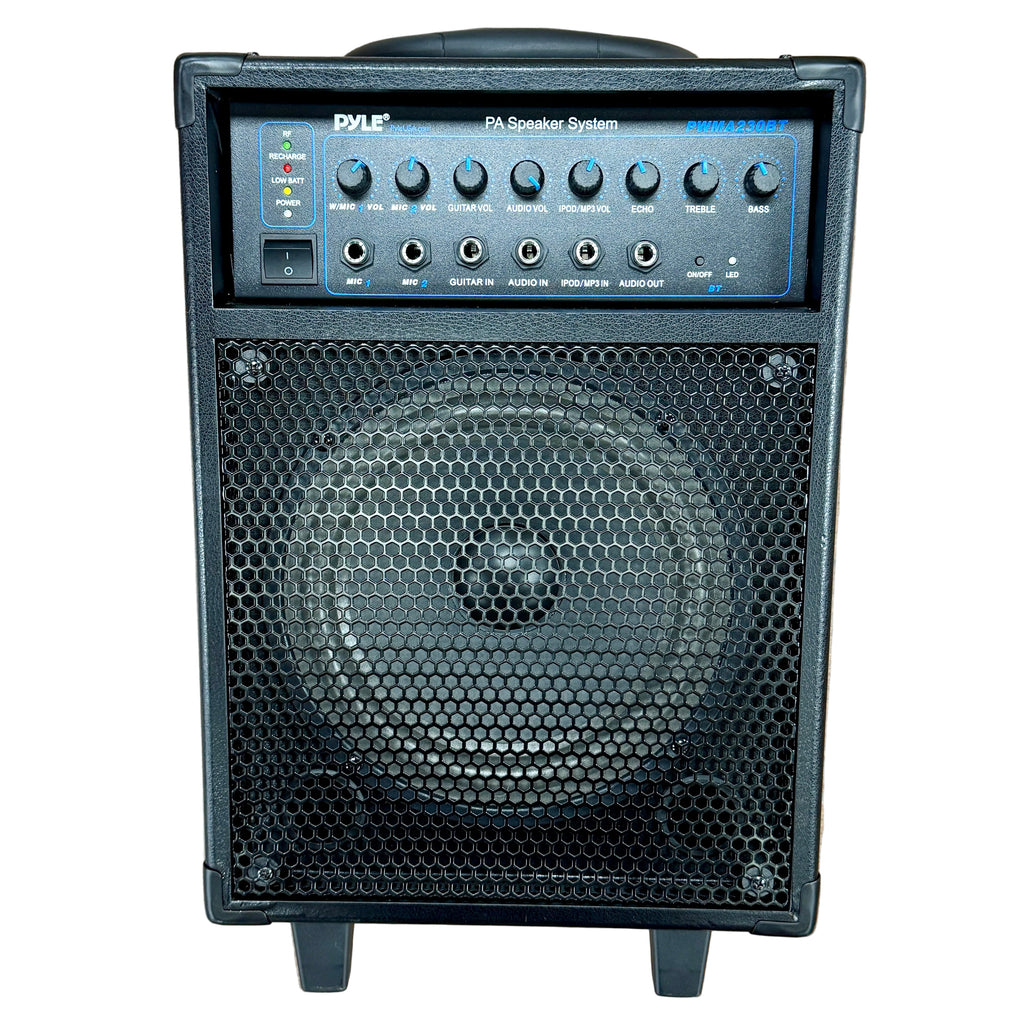 PYLE PWMA230BT Wireless Portable Bluetooth PA Speaker System Black Pyle PA speaker system on a wooden floor