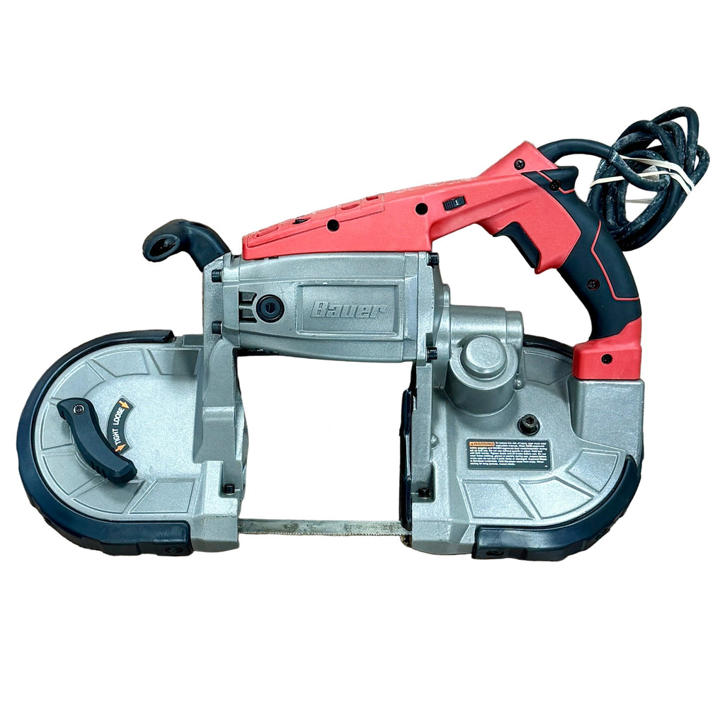 BAUER 10-Amp Corded Deep Cut Variable Speed Band Saw w/ Hard Case (1678E-B) Circular saw with red handle on a wooden floor