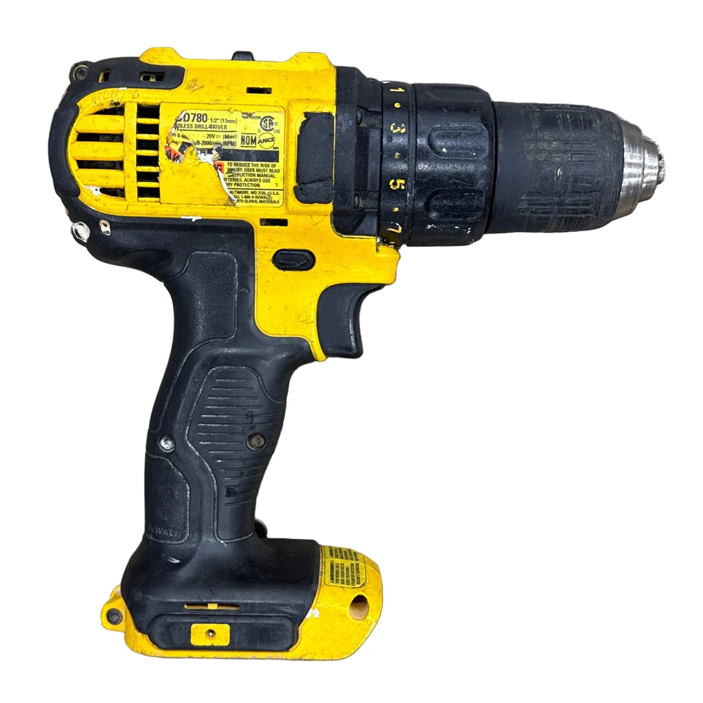 DeWalt 20V MAX 1/2" Cordless Compact Drill/Driver (DCD780) Yellow and black cordless drill on a white background