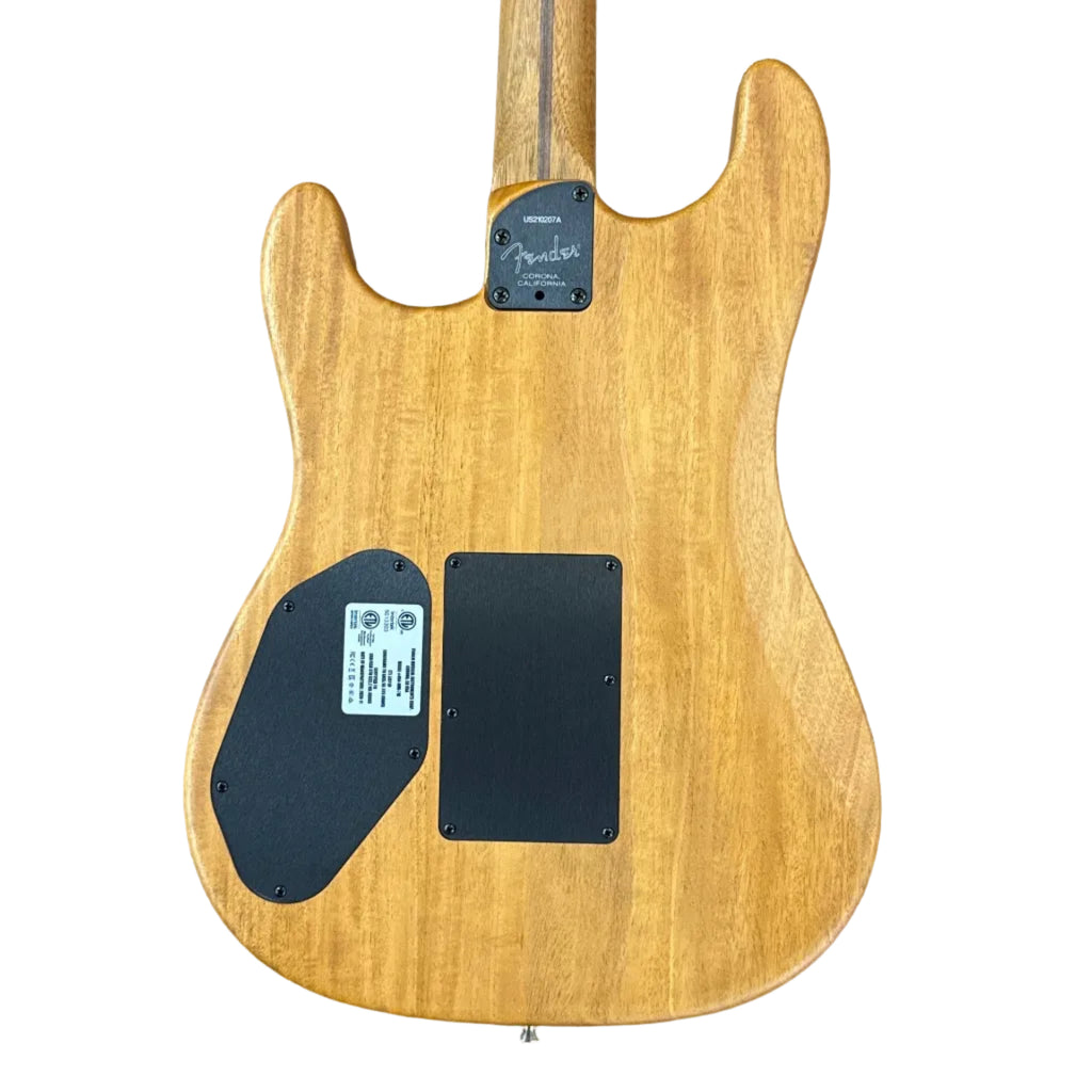 Fender American Acoustasonic Stratocaster 494-000-718 Acoustic-Electric Guitar w/ Soft Case Back view of a wooden electric guitar on a white background