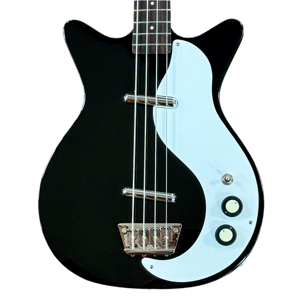 Danelectro '59DC Long Scale Electric Bass Guitar w/ Hard Case Black and light blue electric bass guitar on a white background