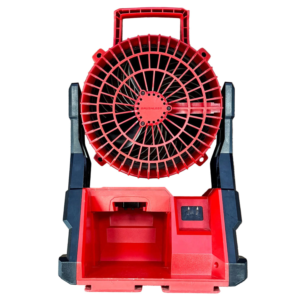 Milwaukee M18 18V 7" Brushless Cordless PACKOUT Fan (0818-20) Red and black oscillating tool on a wooden surface