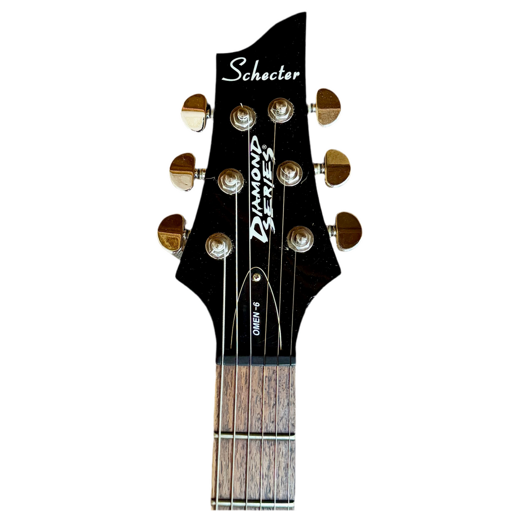 Schecter Diamond Series OMEN-6 Electric Guitar headstock with 'Schecter' and 'Diamond' branding on a white background