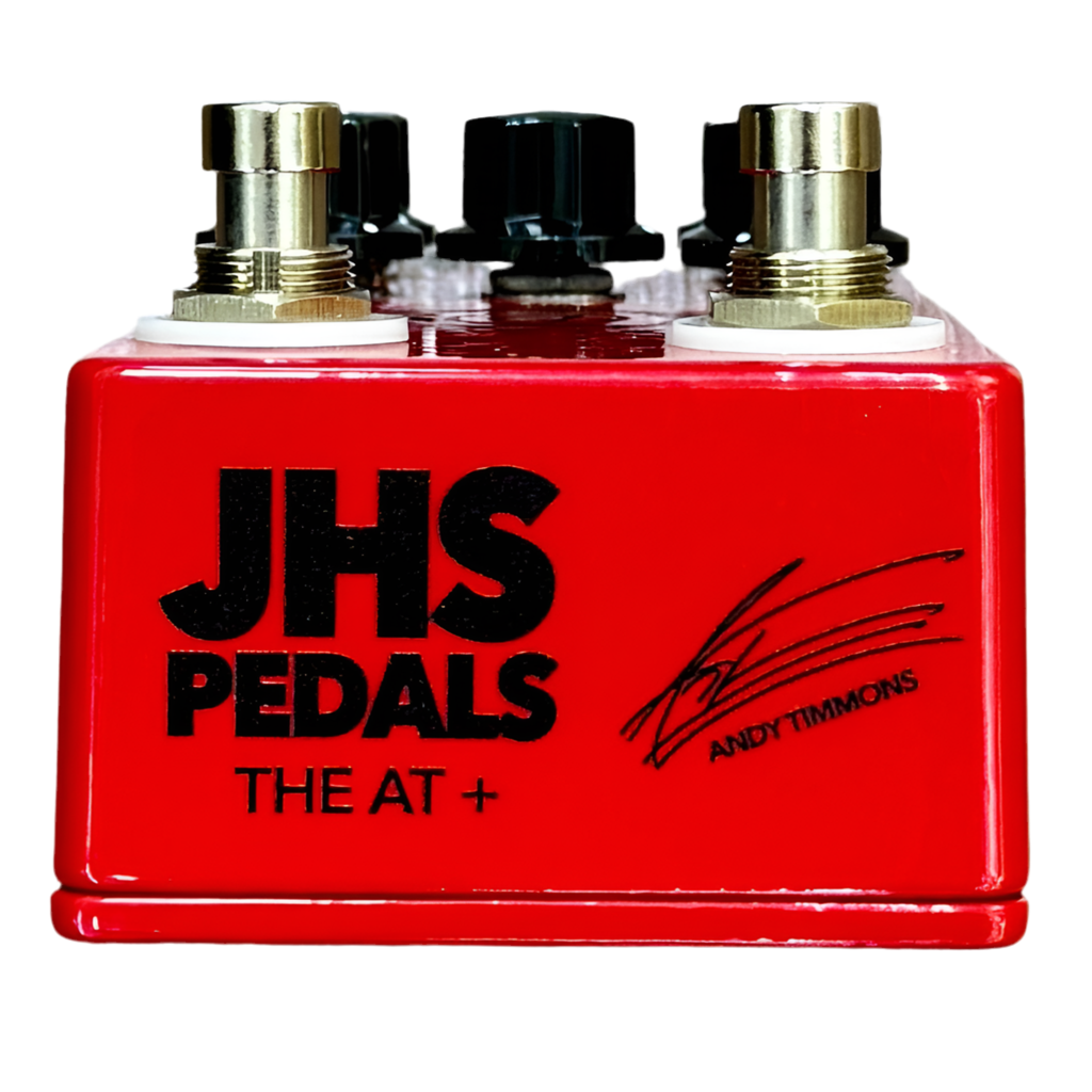 JHS Pedals THE AT+ Andy Timmons Signature Overdrive Guitar Effects Pedal Red JHS Pedals guitar effects pedal with gold and black knobs on a white background