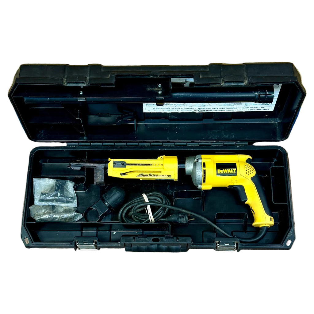 DeWalt Quik Drive 2000XL 6.5-Amp Corded VSR Screwdriver w/ Hard Case (DW275QD) Yellow power drill in an open black toolbox on a wooden floor.