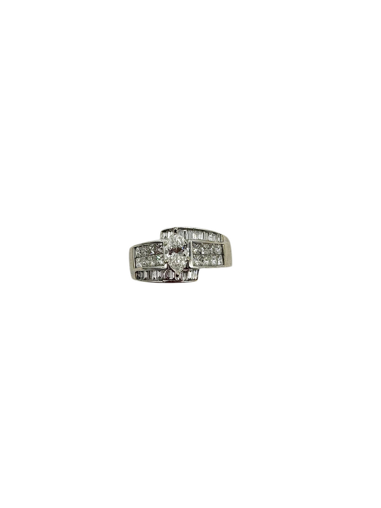 14K White Gold 3CTW Diamond Marquise Square Baguette Bypass Ring