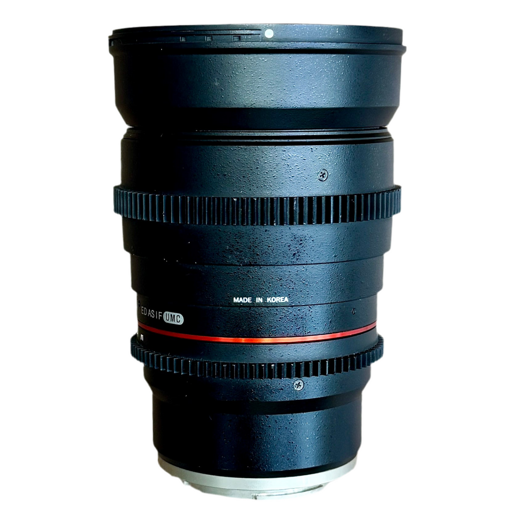 ROKINON 24mm T1.5 Cine ED AS IF UMC Camera Lens w/ Front & Rear Caps (Sony E-Mount) Camera lens with 'Made in Korea' text on a white background