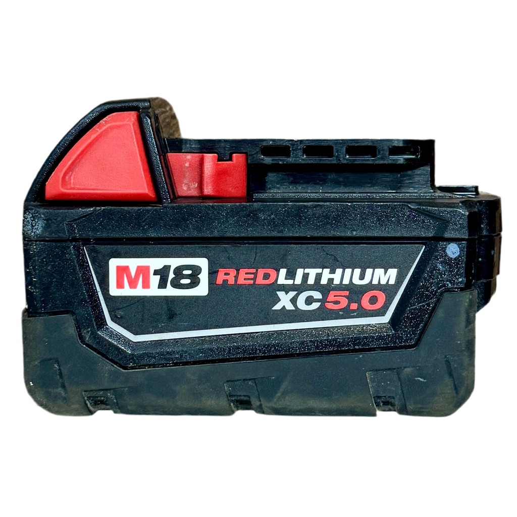 Milwaukee M18 FUEL 18V 7-1/4" Rear Handle Circular Saw w/ Battery (2830-20) Black and red M18 RedLithium XC5.0 battery on a white background