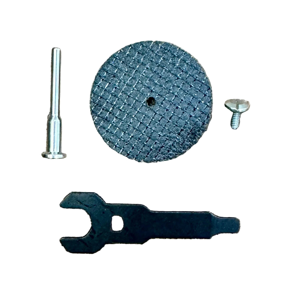 Milwaukee M12 12V Cordless Rotary Tool (2460-20) Set of tools including a blue abrasive disc, a black wrench, and a silver cylindrical tool on a white background.