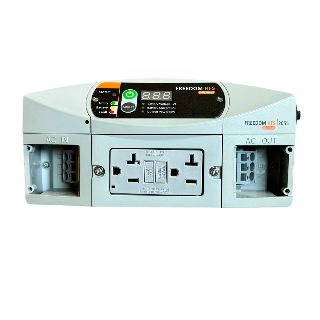 Xantrex Freedom HFS 2055 2000W 55A 12V True Sine Wave Inverter/ Charger Power inverter with multiple outlets and connectors on a white background