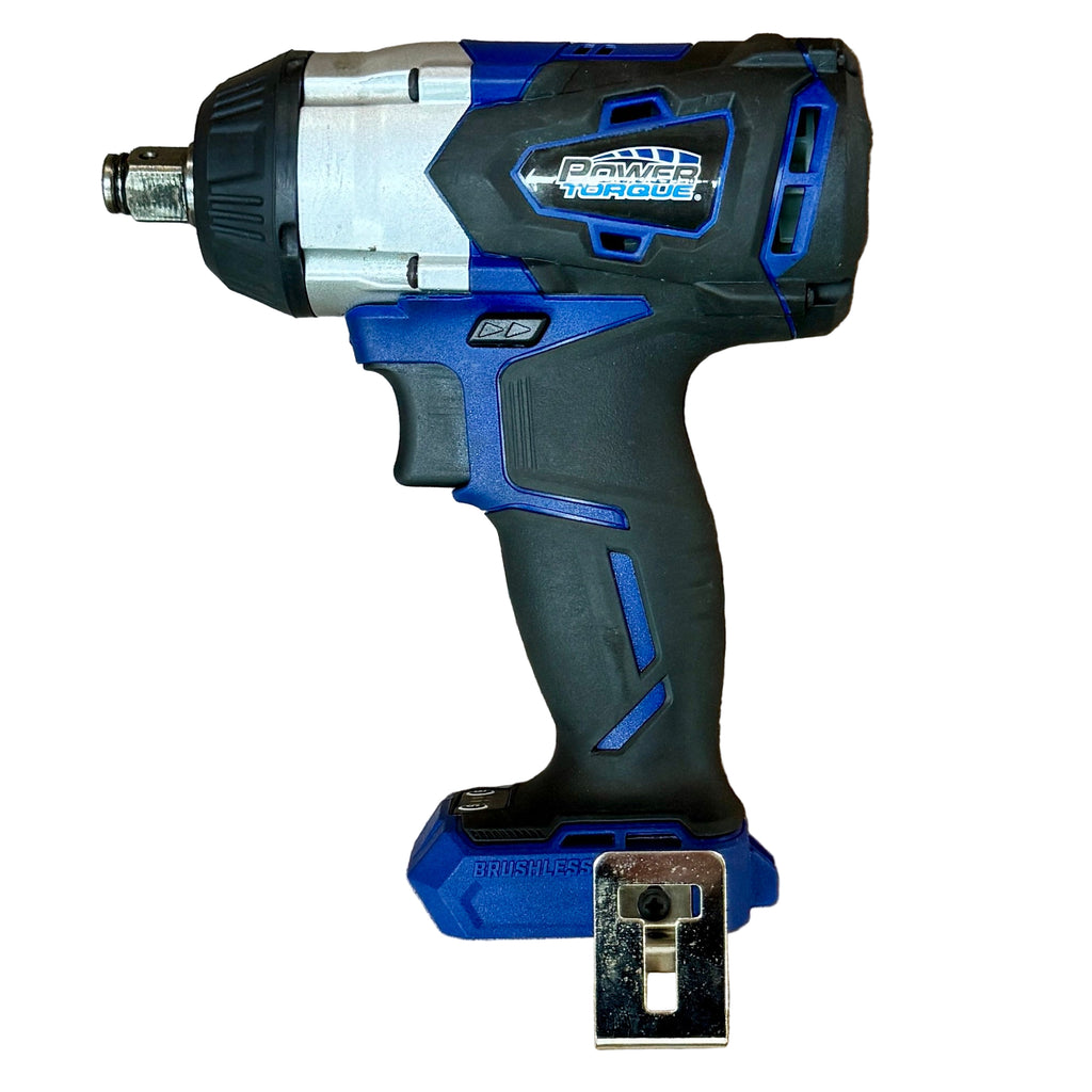 POWER TORQUE 20V 1/2" Brushless Cordless Impact Wrench w/ Battery, Charger, & Hard Case (PTT0004) Blue and black cordless drill on a white background