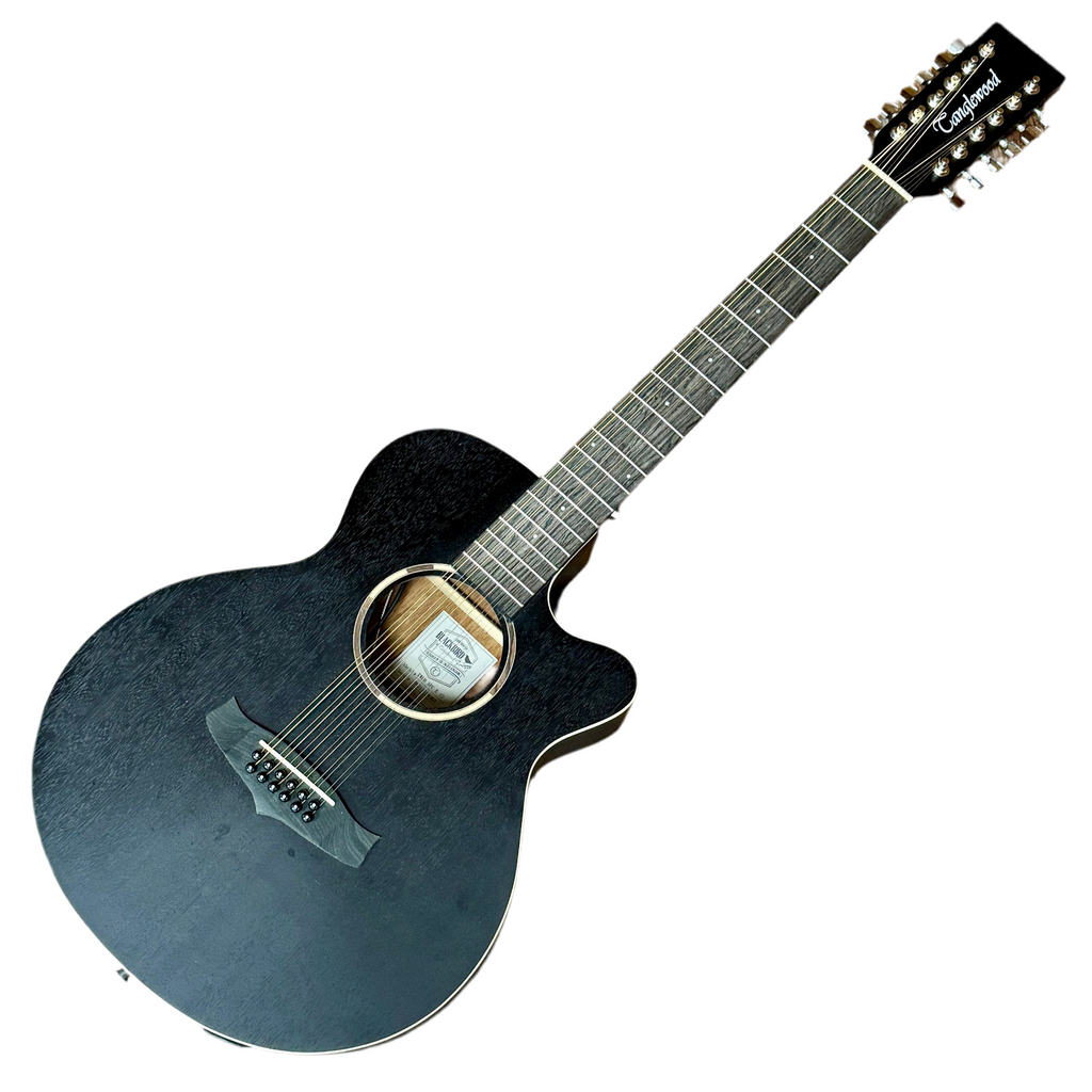 Tanglewood Blackbird TWBBSFCE12 12-String Acoustic-Electric Guitar Black acoustic guitar with a visible brand logo on a white background