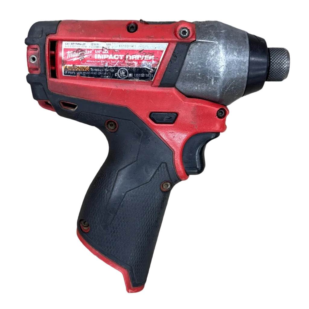 Milwaukee M12 FUEL 12V 1/4" Brushless Cordless Hex Impact Driver w/ Battery (2453-20) Red and black cordless drill on a wooden surface