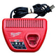 Milwaukee M12 12V Lithium-Ion Battery Charger (48-59-2401) Red Milwaukee tool battery charger on a wooden surface