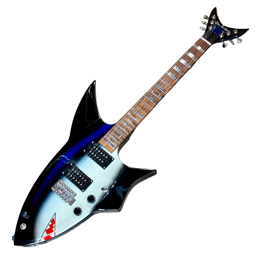 Glen Burton USA Shark Shape Electric Guitar Fishing rod-style guitar with black and blue design on a white background