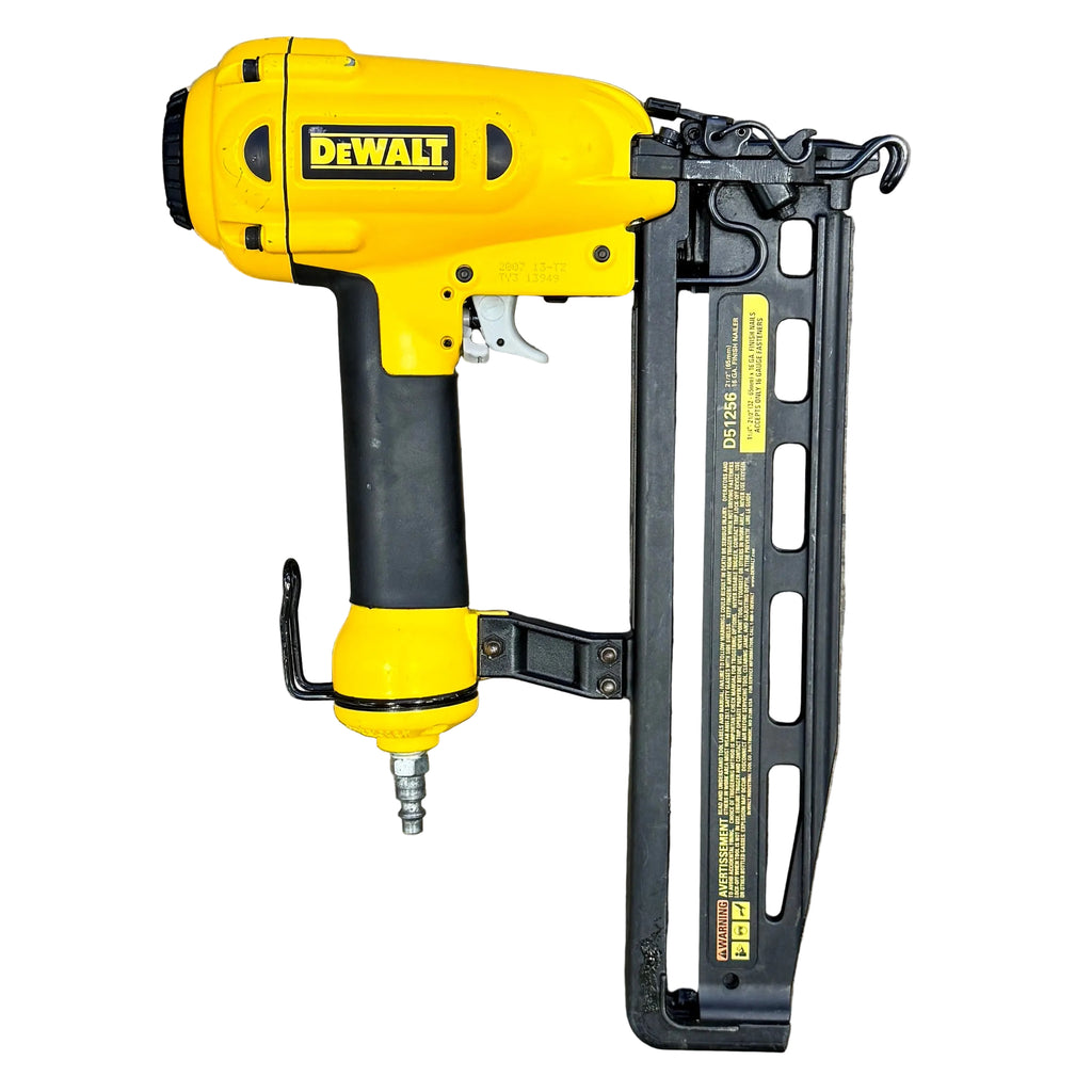 DeWalt 16-Gauge 2-1/2" Pneumatic Finish Nailer (D51256) Yellow and black DEWALT nail gun on a wooden surface