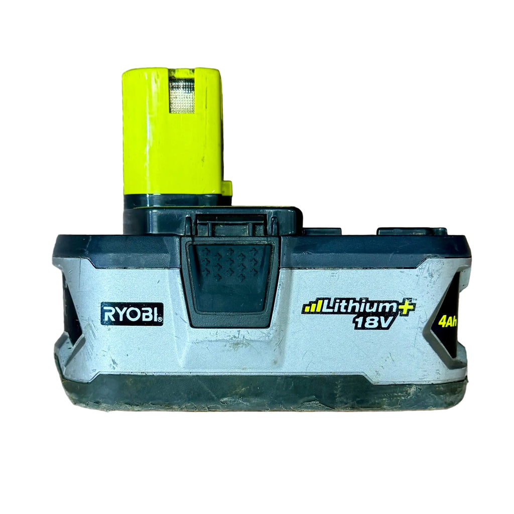 RYOBI ONE+ 18V 4Ah Lithium+ Battery Pack (P108) Ryobi lithium-ion battery on a wooden surface