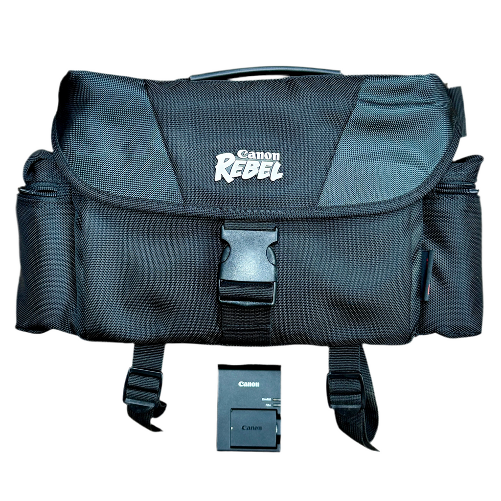 Canon EOS REBEL T3 12.2 MP CMOS Digital SLR Camera w/ Canon Zoom Lens EF-S 18-55mm f/3.5-5.6 IS II Lens & Case Black camera bag with 'Canon Rebel' branding on a white background