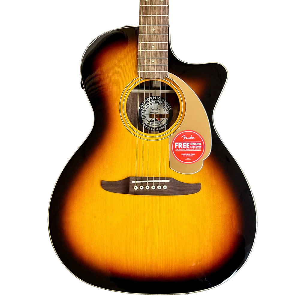 Fender California Series Newport Player Acoustic-Electric Guitar Acoustic guitar with a Fender logo on a wooden floor