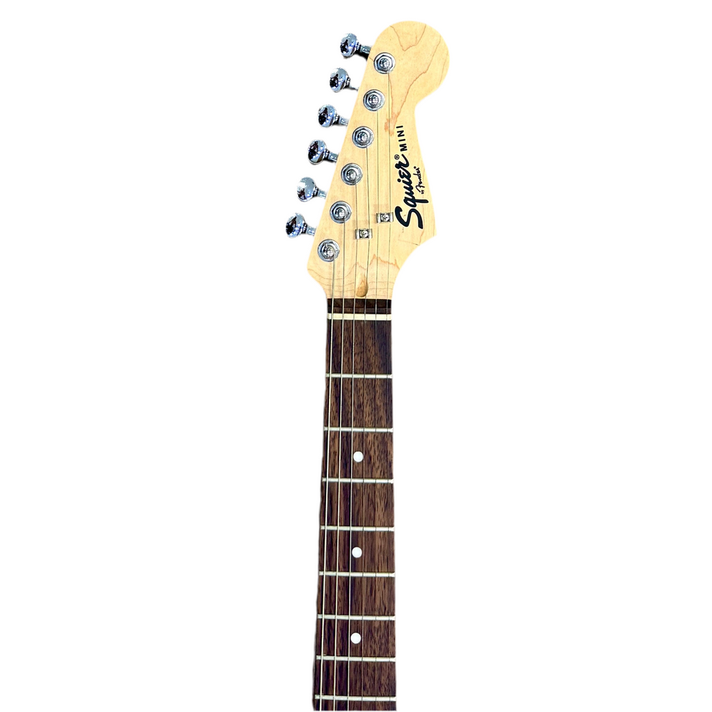 Fender Squier MINI Stratocaster Electric Guitar headstock with 'Squier' branding on a white background