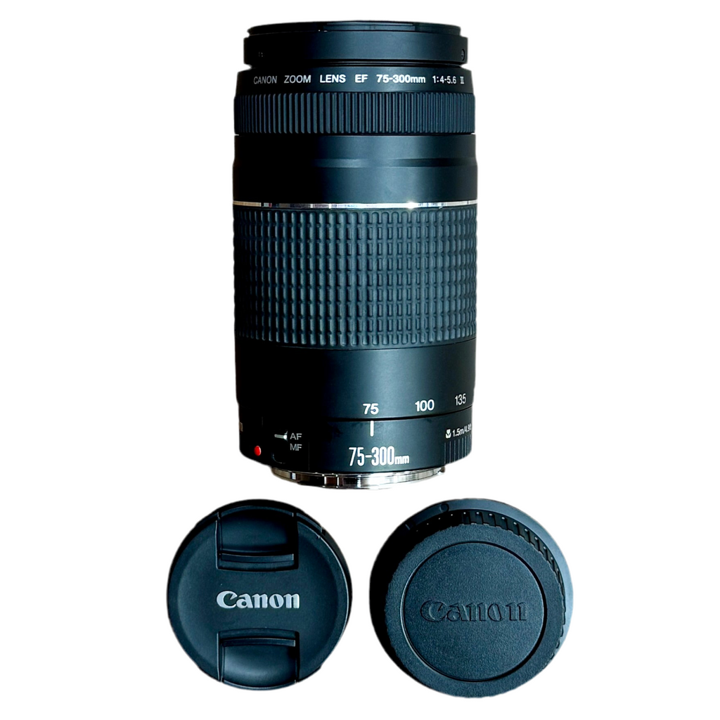 Canon Zoom Lens EF 75-300mm f/4-5.6 III Camera Lens w/ Front & Rear Caps Canon camera lens with two lens caps on a white background