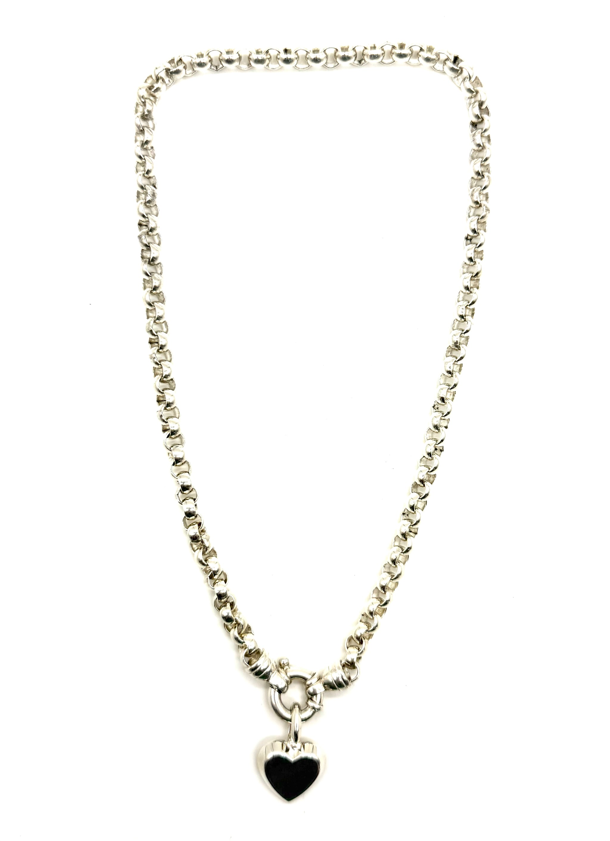 Vintage .925 Sterling Silver Thick Rolo Belcher Chain Heart Pendant Ne