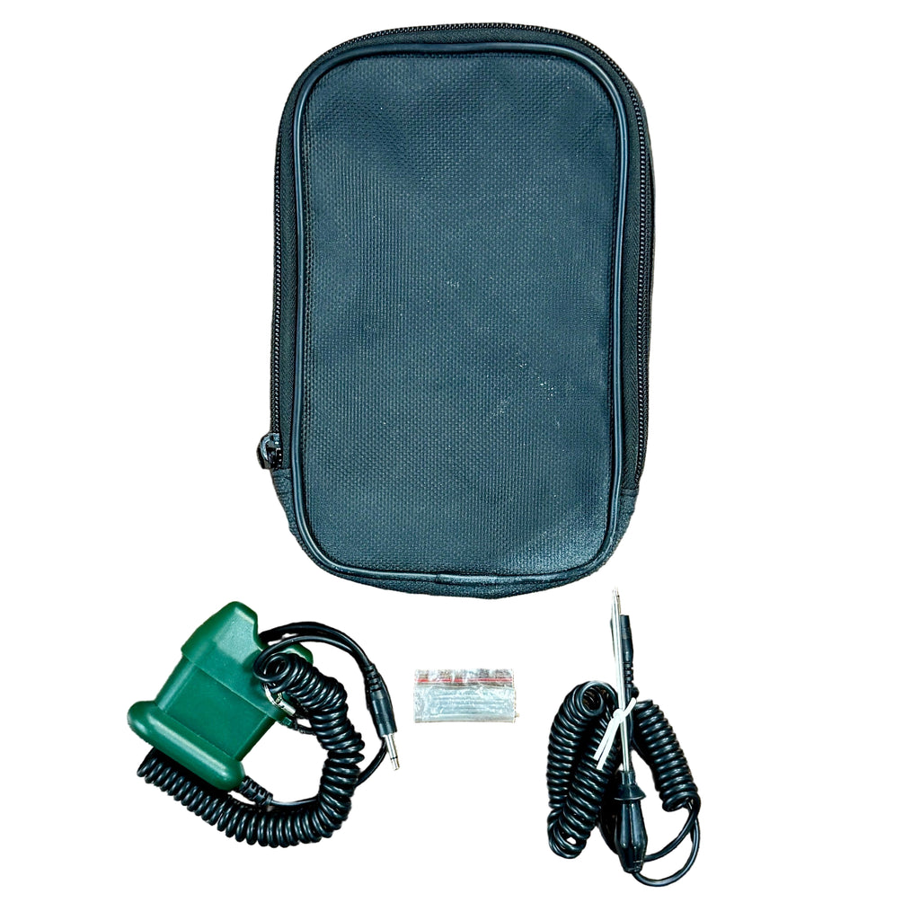 EXTECH INSTRUMENTS MO220 Digital Wood Moisture Meter w/ Case Green tool kit with coiled cables and accessories on a white background