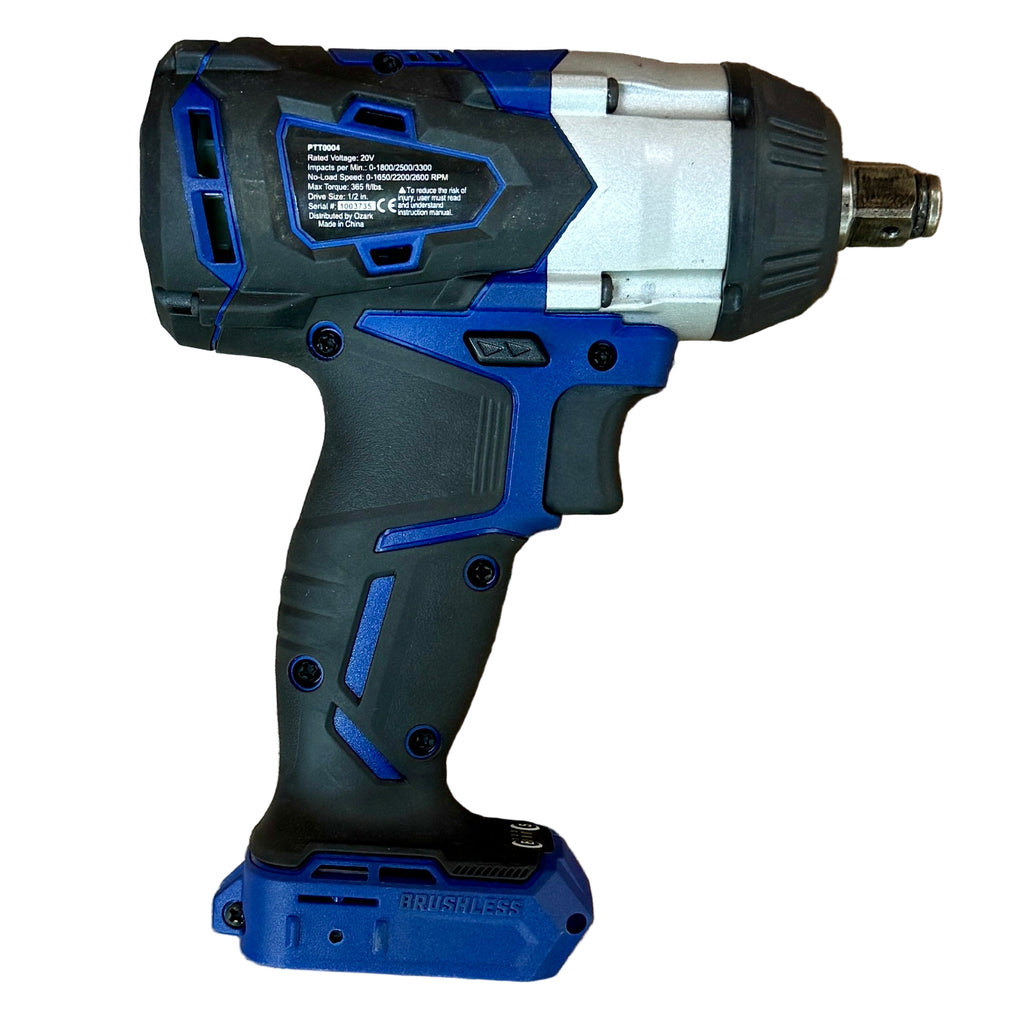 POWER TORQUE 20V 1/2" Brushless Cordless Impact Wrench w/ Battery, Charger, & Hard Case (PTT0004) Blue and black cordless drill on a wooden surface