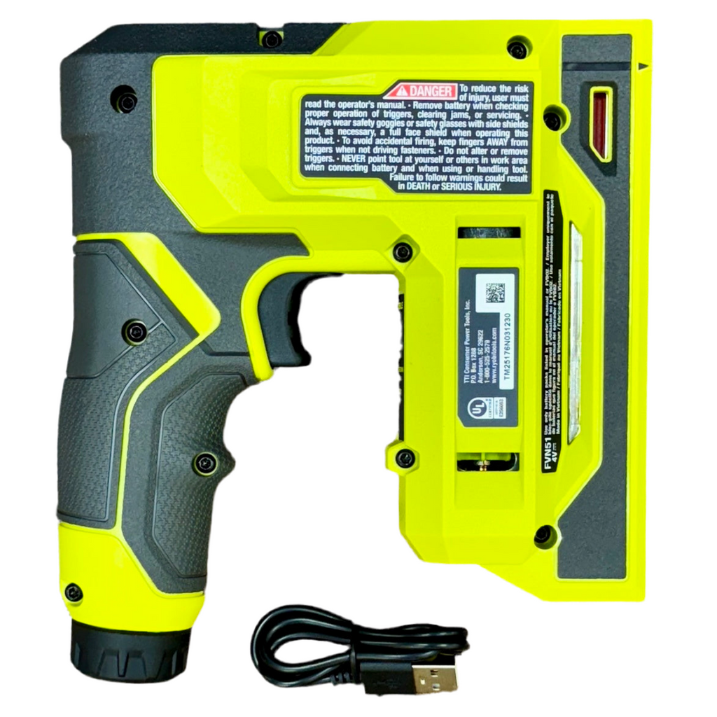 RYOBI 4V Cordless USB Lithium Craft 4-in-1 Stapler/Nailer w/ Battery & Charger (FVN51) Yellow and gray power tool with USB cable on a white background