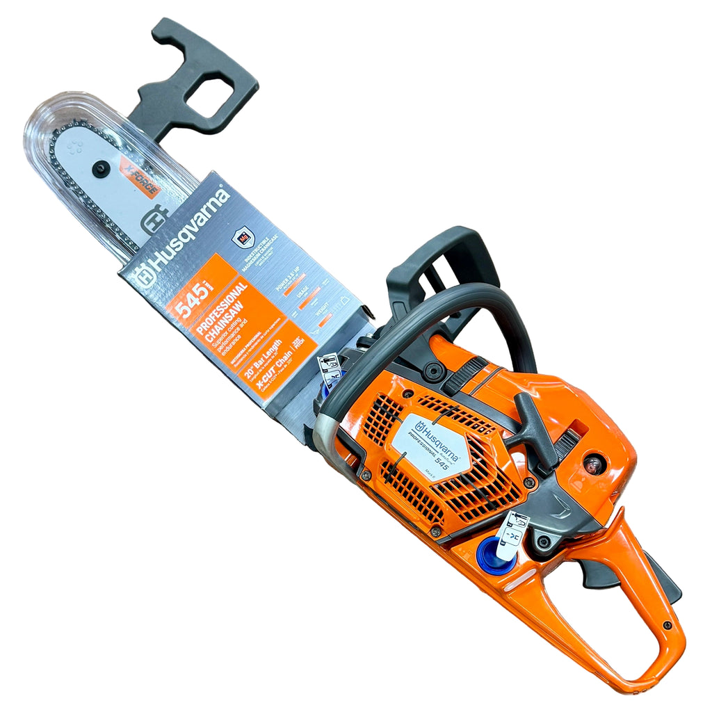 Husqvarna 545 Mark II 50 cc 20" Guide Bar Professional Gas-Powered Chainsaw Orange and gray chainsaw with Husqvarna branding on a white background