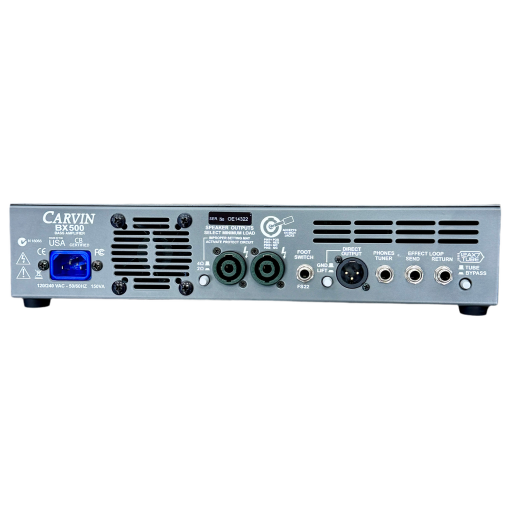 Carvin BX500 500W Mono Block Class D Bass Amplifier Head w/ Carry Bag Back panel of a Carvin amplifier on a white background