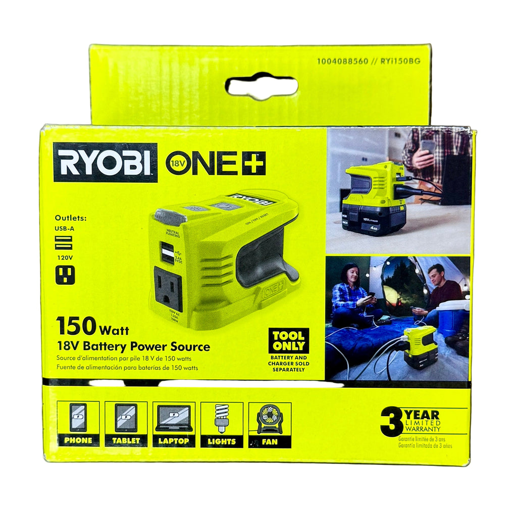 RYOBI ONE+ 150 Watt 18V Battery Power Source (RYi150BG) Ryobi power source packaging on a wooden surface