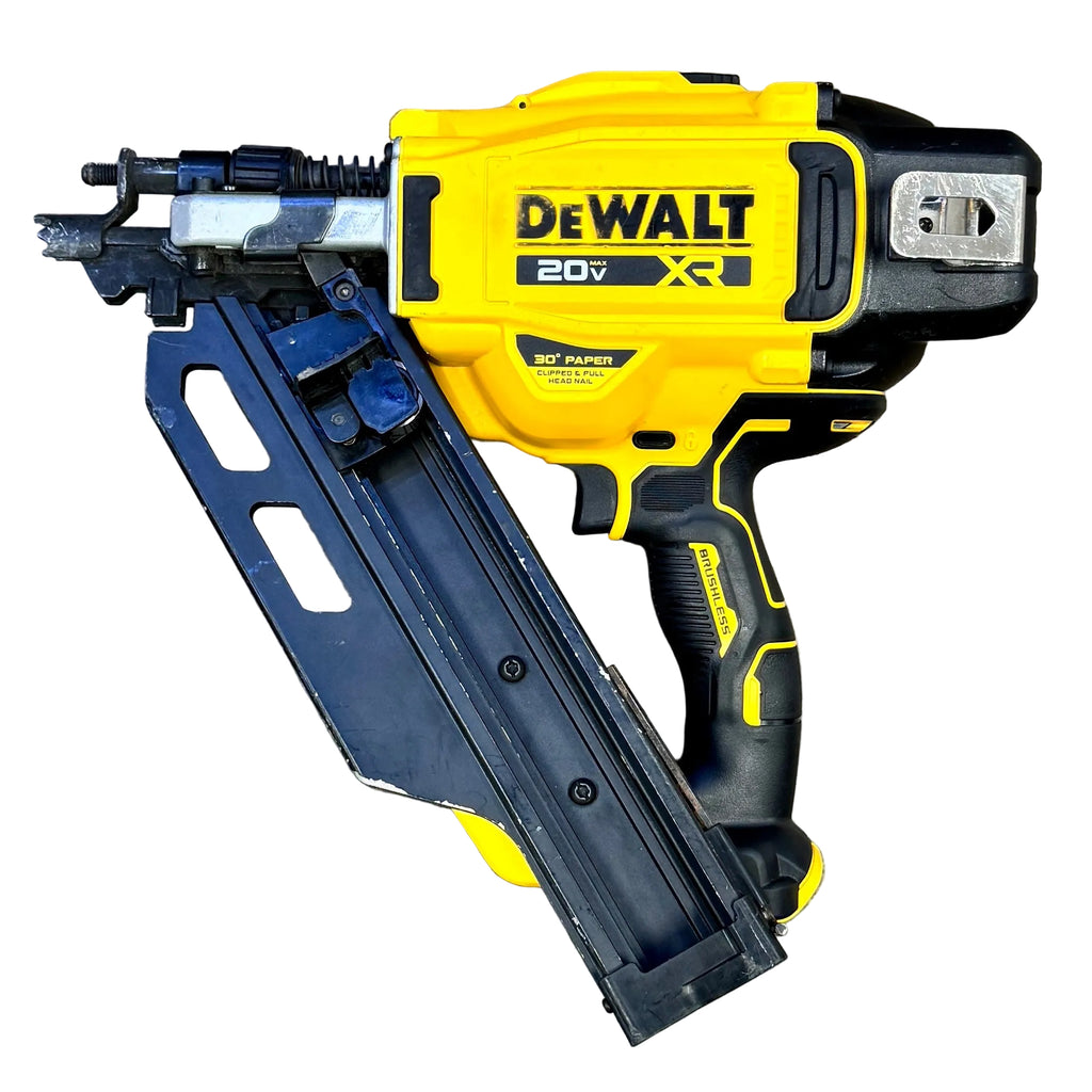 DeWalt 20V MAX XR 30-Degree 3-1/2" Brushless Cordless Paper Collated Framing Nailer w/ Battery (DCN930) DeWalt nail gun on a white background