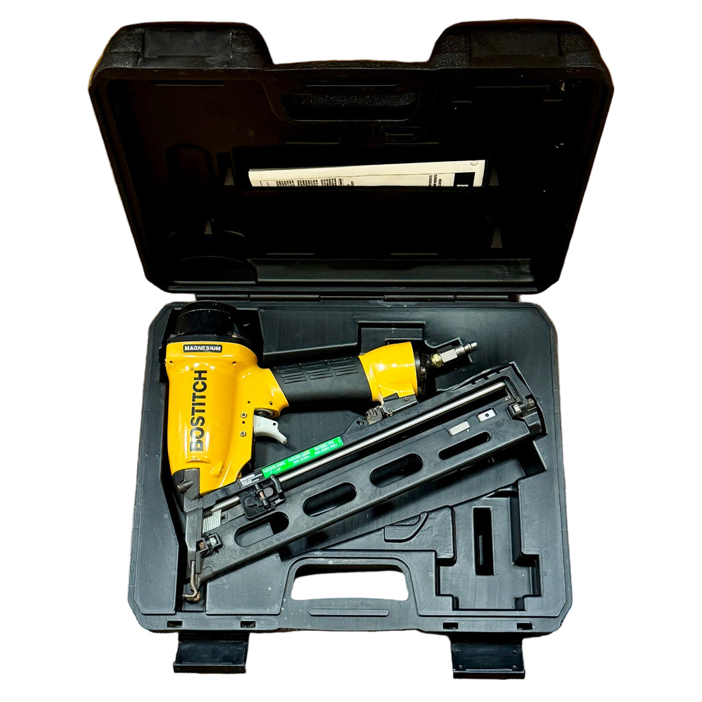 BOSTITCH 15-Gauge 2-1/2" Pneumatic Angled Finish Nailer w/ Hard Case (N62FN-2) Yellow and black stitching machine in a black case on a white background
