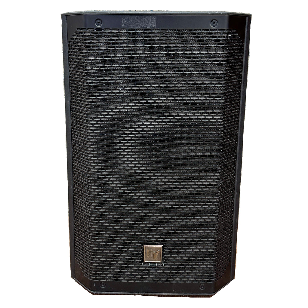 Electro-Voice ELX200 1200W Peak Single 10" Two-Way Powered Loudspeaker Black speaker with a brand logo on a tiled floor and wall background