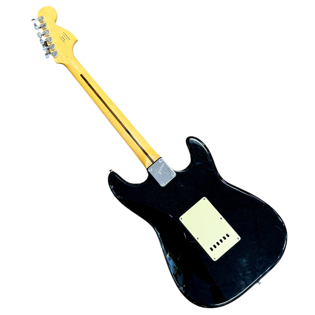 Fender Squier Standard Series Stratocaster Left-Handed Electric Guitar w/ Soft Case Black electric guitar with a yellow neck on a white background