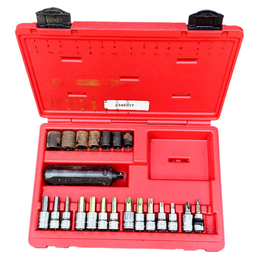 Snap-On 22-Piece 3/8" Drive Impact Driver Set (234EPIT) Open red tool case with various drill bits and accessories on a white background
