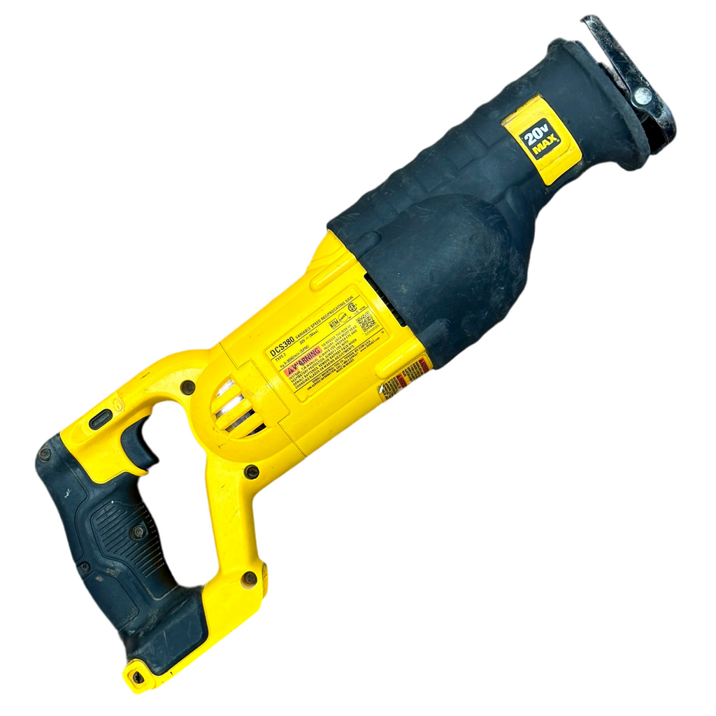 DeWalt 20V MAX 1-1/8" Stroke Cordless Reciprocating Saw w/ Battery & Charger (DCS380) Yellow and black reciprocating saw on a white background