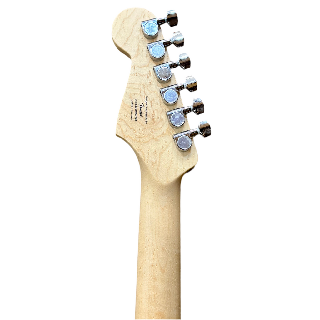 Fender Squier Stratocaster Electric Guitar headstock with tuning pegs on a white background