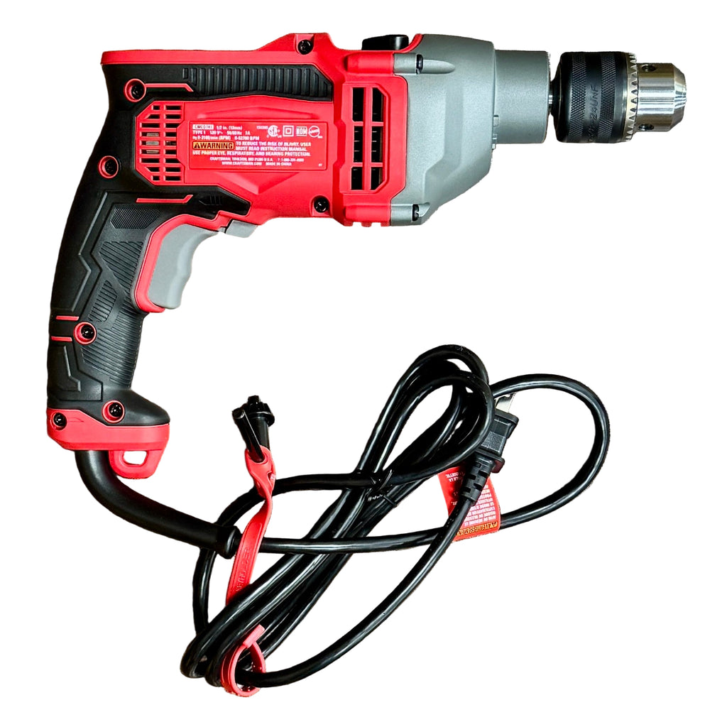 CRAFTSMAN 7-Amp 1/2" Corded Variable Speed Hammer Drill (CMED741) Red and gray corded drill on a wooden surface