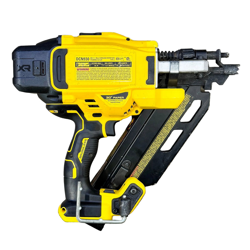 DeWalt 20V MAX XR 30-Degree 3-1/2" Brushless Cordless Paper Collated Framing Nailer w/ Battery (DCN930) Yellow and black nail gun on a wooden floor