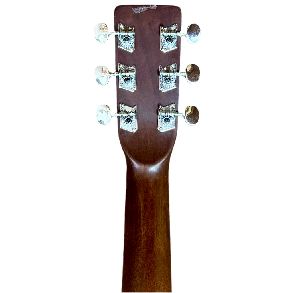 Aria 9400 Acoustic Guitar Close-up of a guitar headstock with tuning pegs on a white background