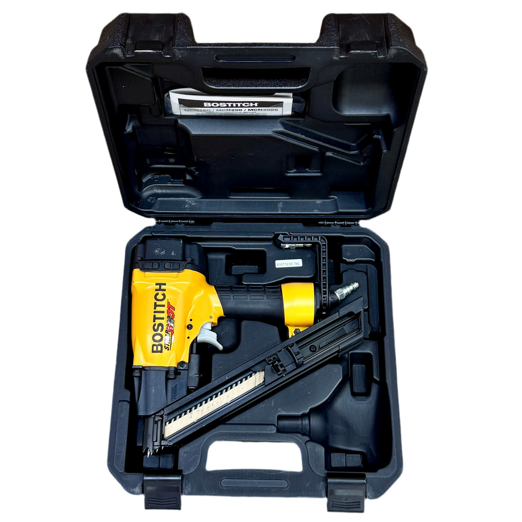 BOSTITCH STRAPSHOT 1-1/2" Metal Connector Nailer w/ Hard Case (MCN150) Bostitch nail gun in an open black case on a white background