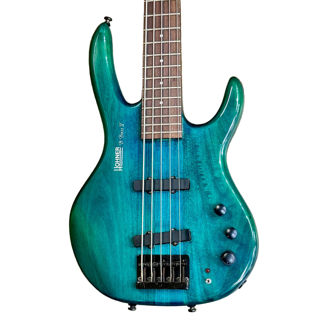 HOHNER PROFESSIONAL B Bass V 5-String Electric Bass Guitar Blue electric bass guitar on a wooden floor