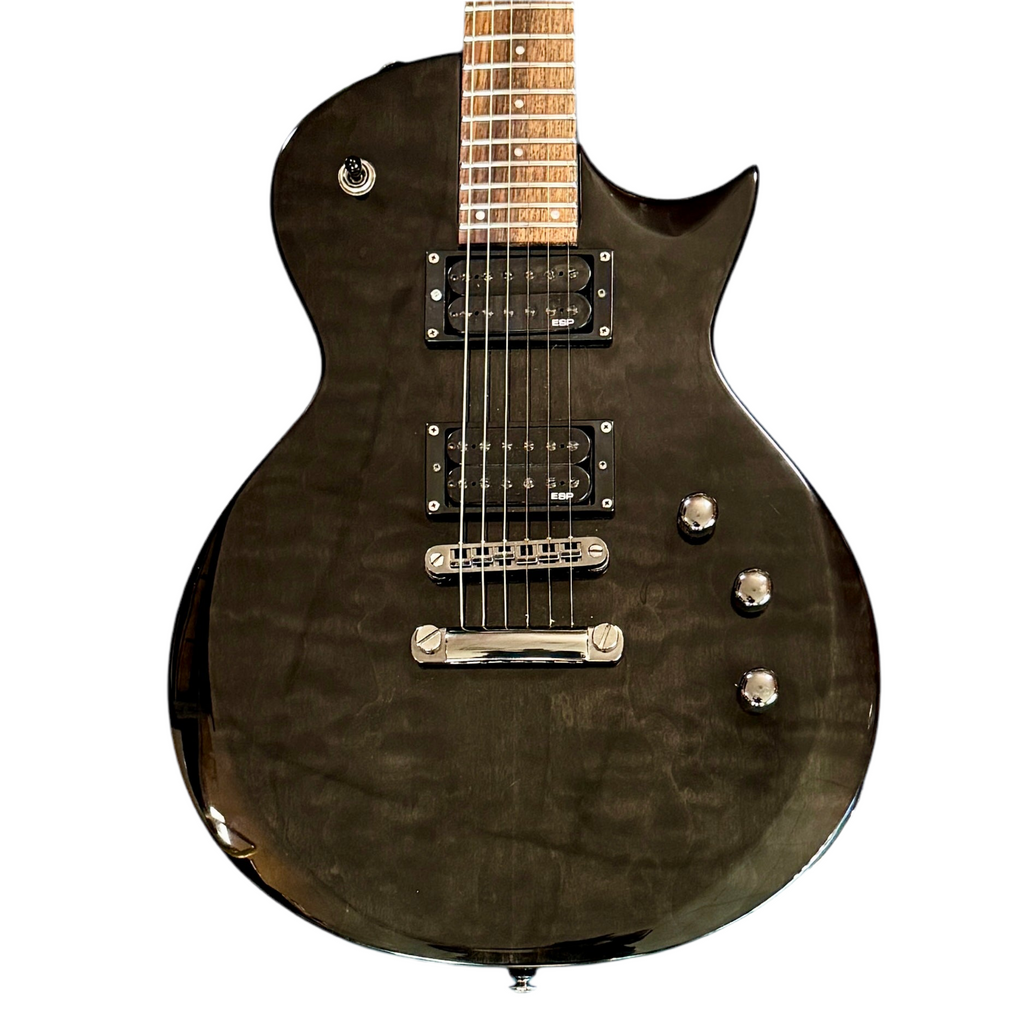 ESP LTD EC-100QM Electric Guitar Black electric guitar with a wooden neck on a white background