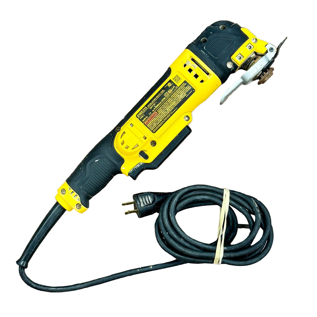 DeWalt 3-Amp Corded Oscillating Multi-Tool (DWE315) Yellow and black power tool with a coiled cord on a wooden surface