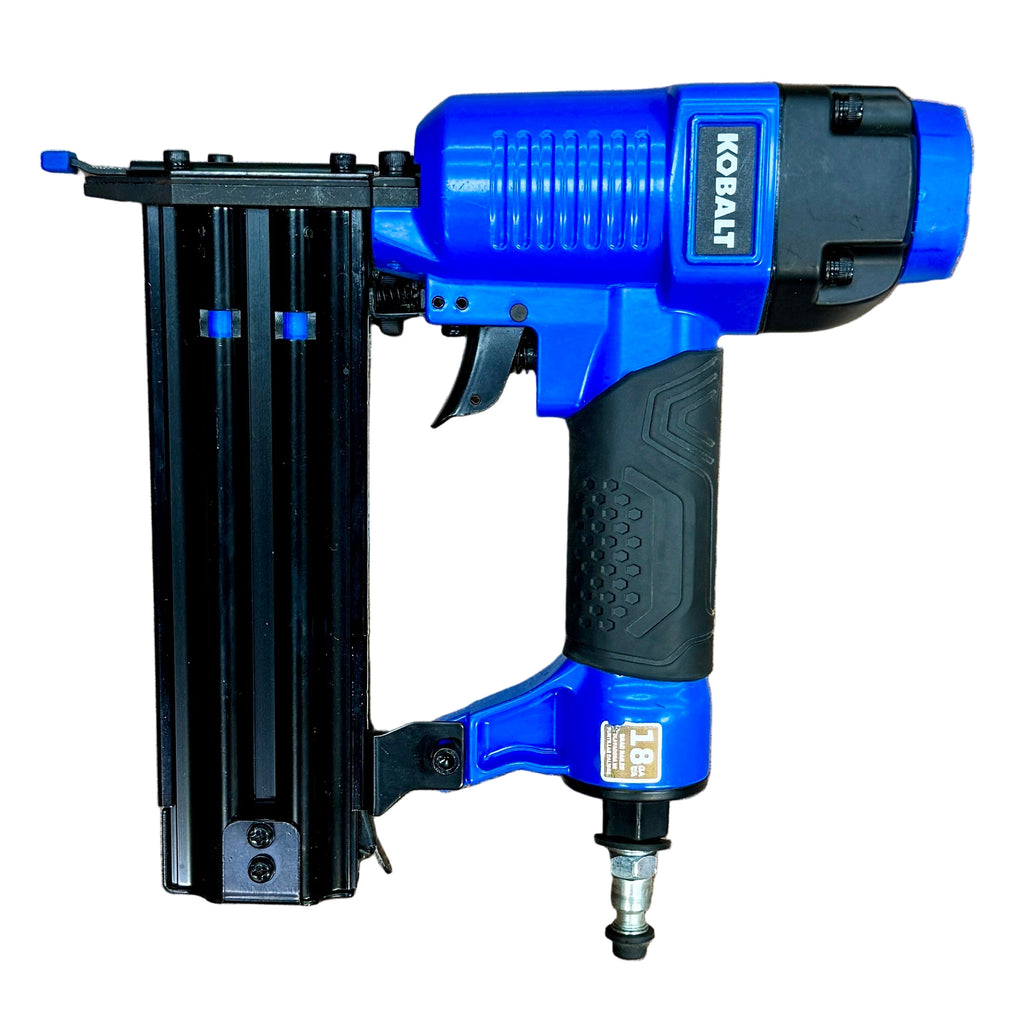 Kobalt 18-Gauge 2" Pneumatic Straight Brad Nailer (KBAT161001) Blue and black nail gun on a wooden surface