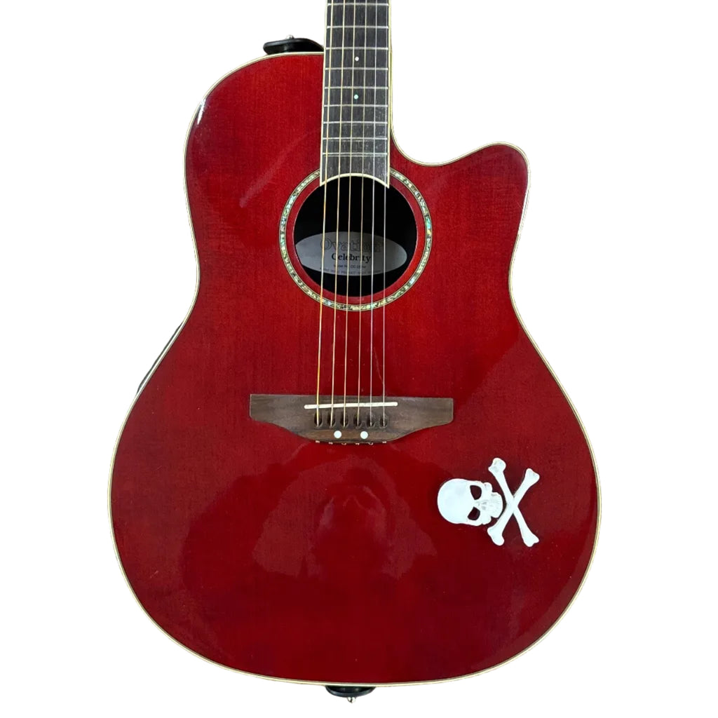 Ovation Celebrity GC057M Acoustic-Electric Guitar w/ Soft Case Red acoustic guitar with a skull and crossbones design on a white background