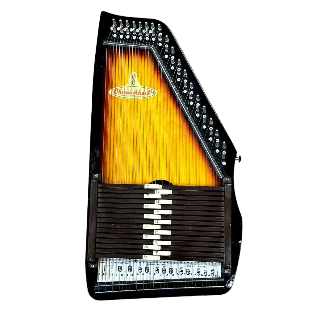 RBI Rhythm Band Inc. ChromAharP Autoharp w/ Hard Case Black and orange zither on a wooden floor