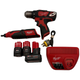 Milwaukee cordless drill kit with a red and black drill driver, a red and black rotary screwdriver, two batteries, a charger, and a power cord on a white background.